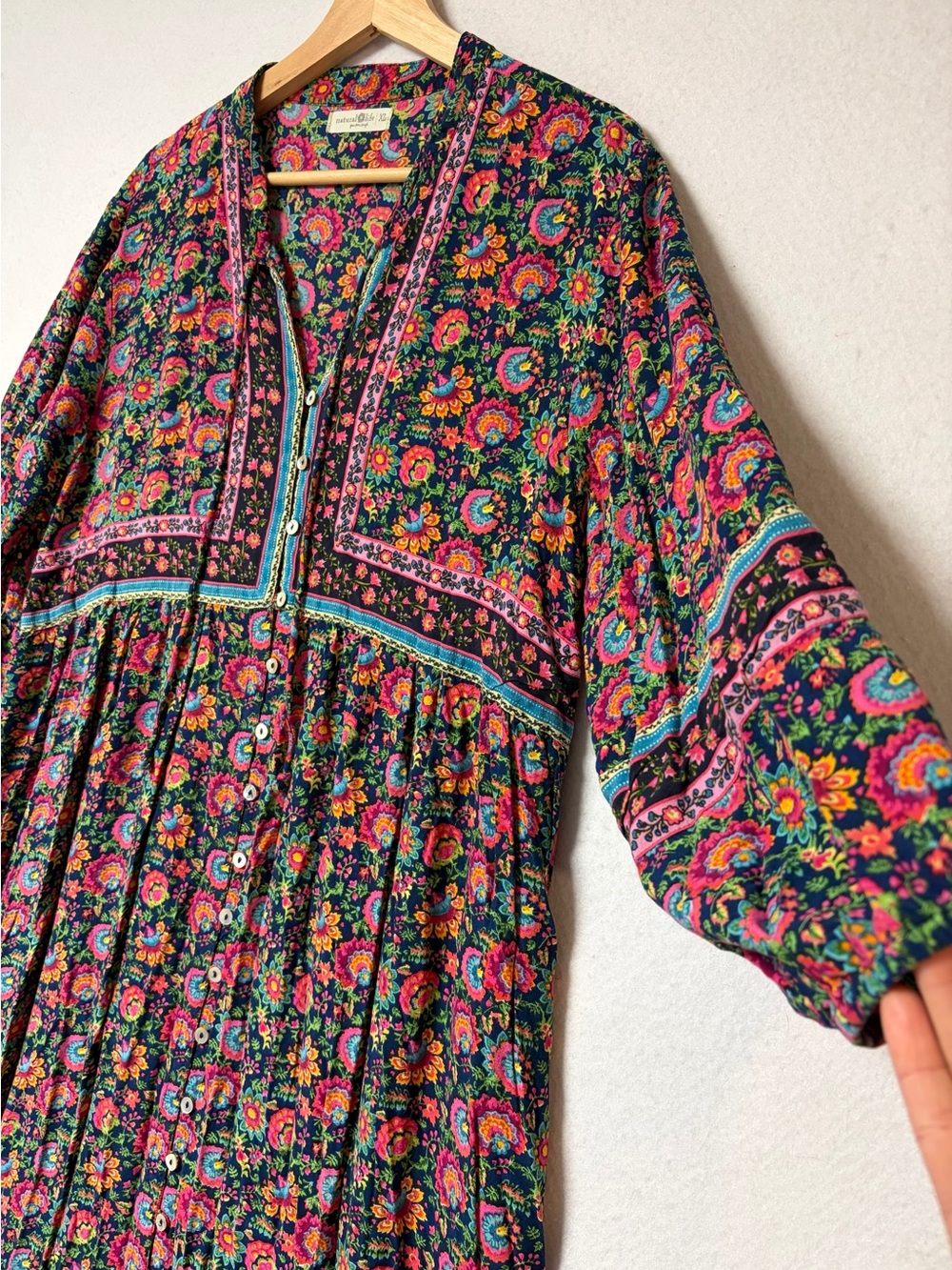 Natural Life XL Boho Floral Button Front Maxi Dress Tiered Ruffle Rayon Earthy - Picture 5 of 12